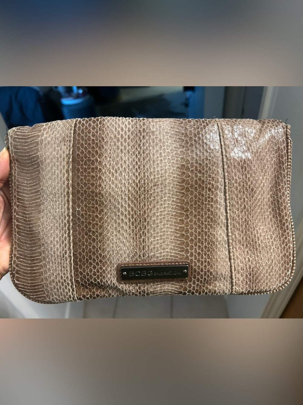 BCBG Snakeskin-embossed zip-top clutch purse